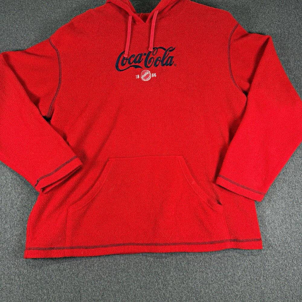 Coca-Cola Mens Large Red Fleece Hoodie Pullover 1886 Logo Kangaroo Pocket
